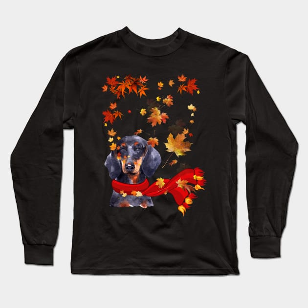 Maple Leaf Dachshund Fall Hello Autumn Gift Long Sleeve T-Shirt by Margaretsantana